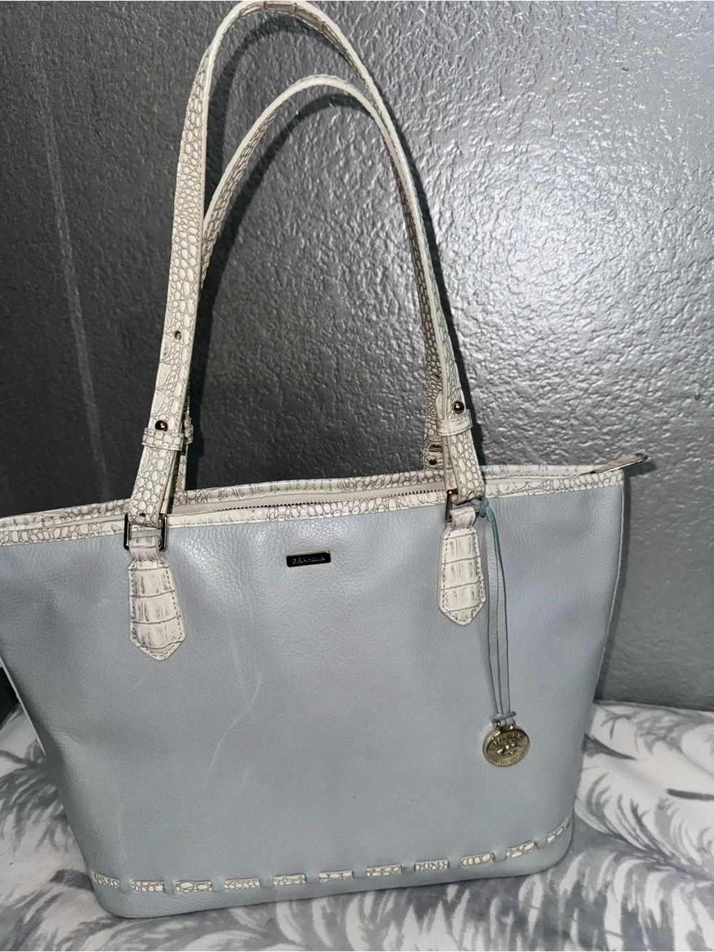 Brahmin Powder Blue Tote with White Croc-Trim